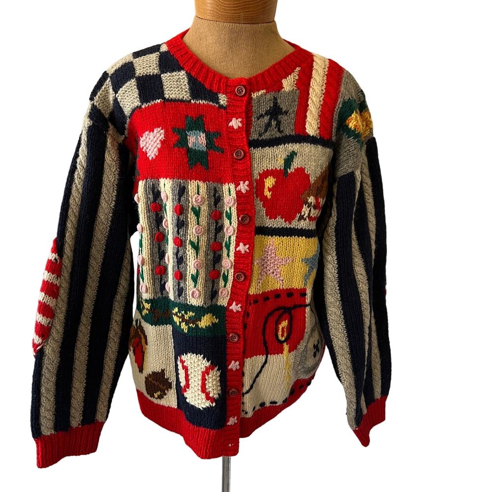 Vintage 90s Americana design wool hand knit cardigan sweater The Eagle Eyes